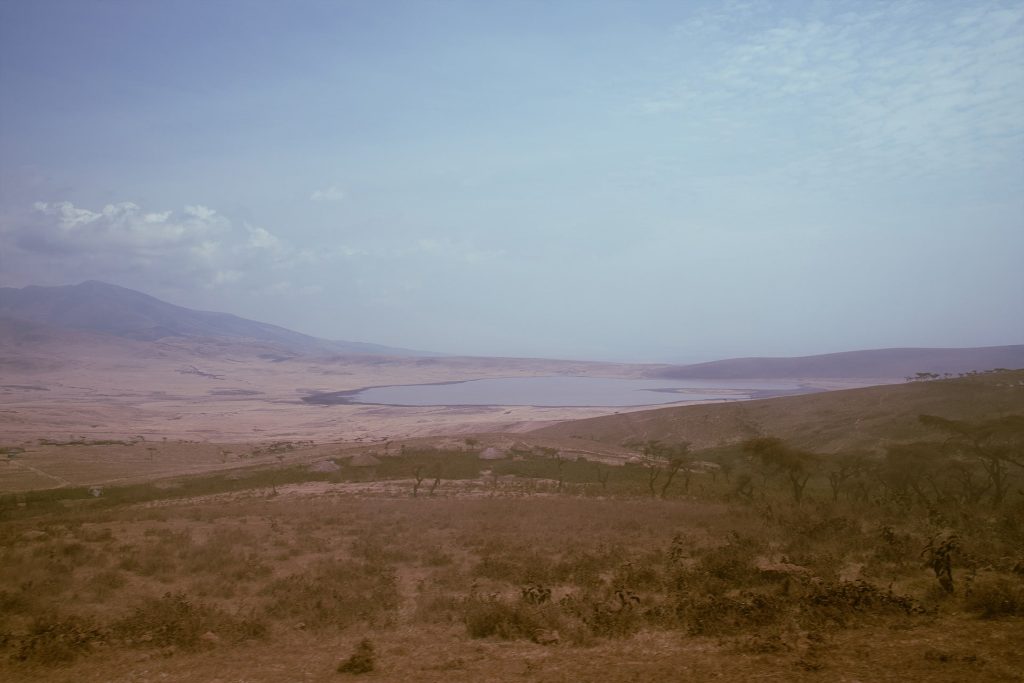 Grass plains and lake in the Ngorongoro Conservation Area in Tanzania, Africa.